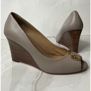 Tory Burch Grey Leather Julianne Peep Toe Wedge Heel Pumps Sz 10 M Women Shoes